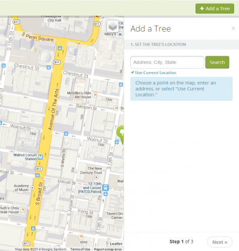 The first panel in our new three-step add a tree workflow.